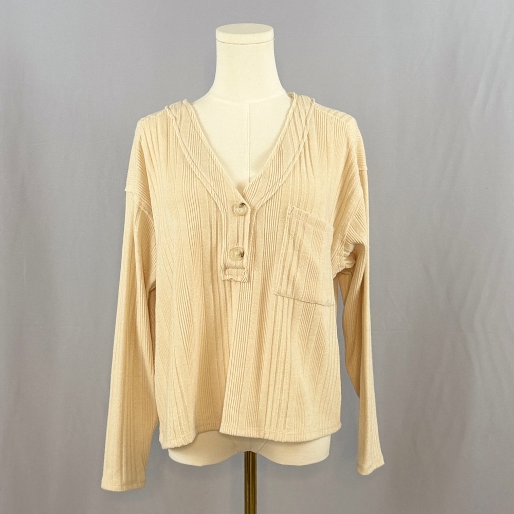 LUSH Cozy, comfy, and effortlessly stylish neutral ribbed knit Henley